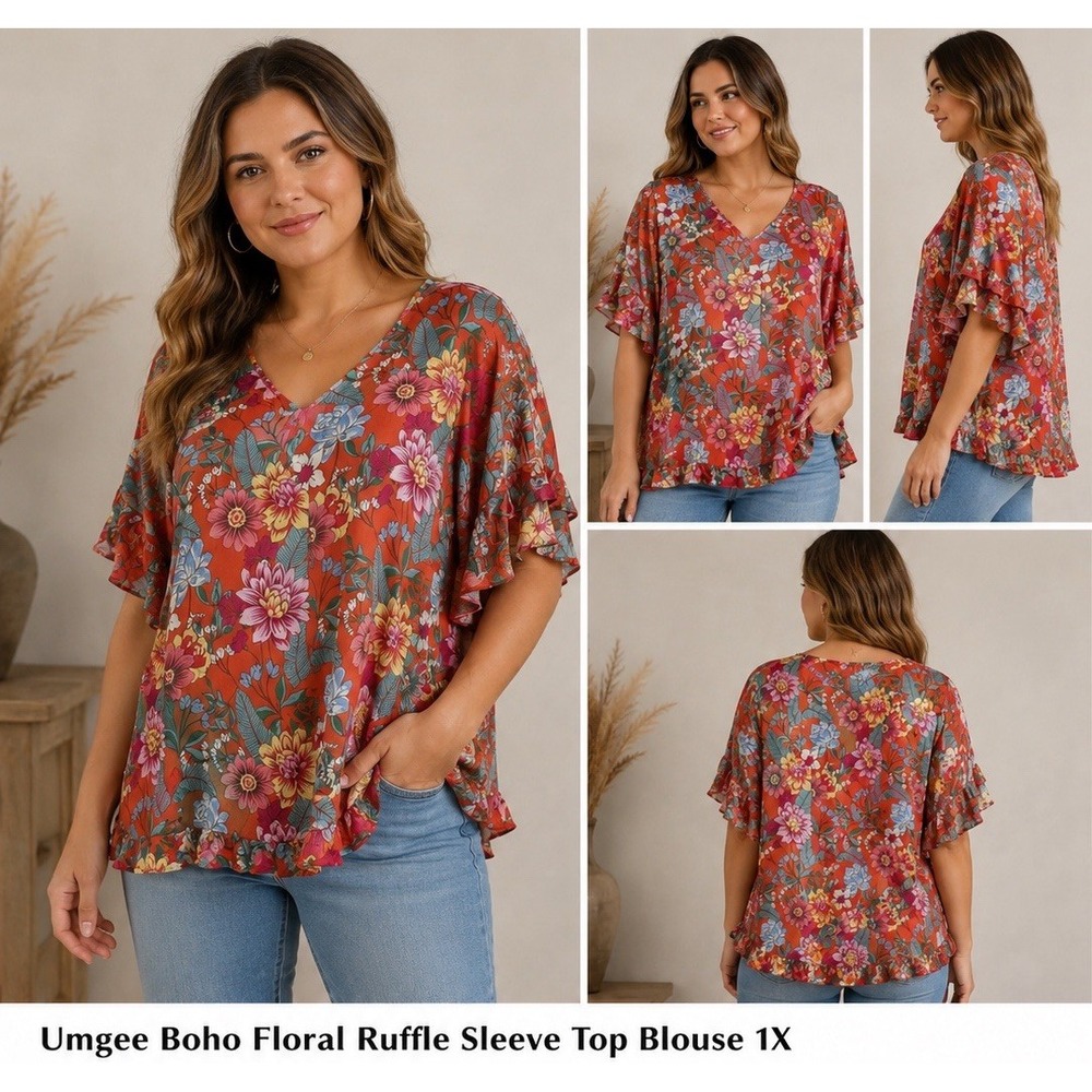 Umgee Red V-Neck Tropical Floral Hawaiian Blouse Women's Size 1X